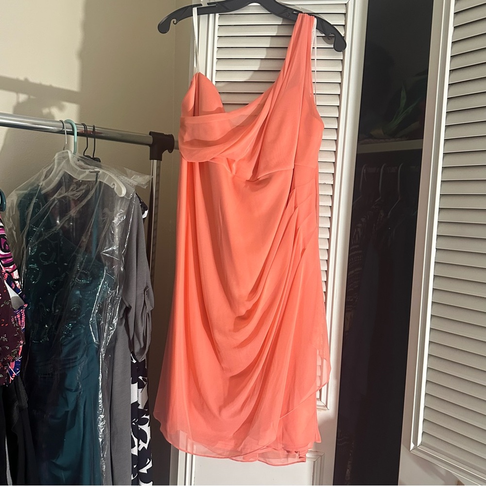 David's Bridal Bridesmaid Coral One-Shoulder Dress